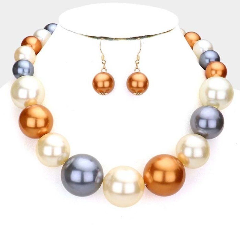 Multi Color Faux Pearl Necklace & Earring Set